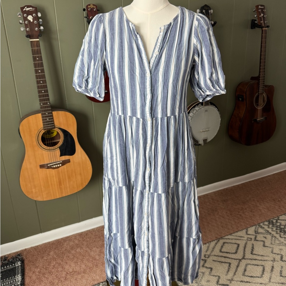 Blue Striped Bohemian Button-Down Maxi Dress